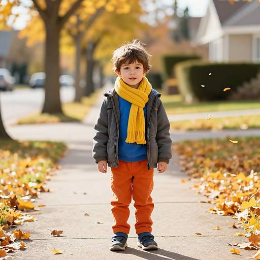Autumn Boy on Sunny Sidewalk