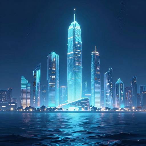 Photograph of a glowing, futuristic city skyline at night, with illuminated skyscrapers reflecting on a calm, blue-lit waterfront.