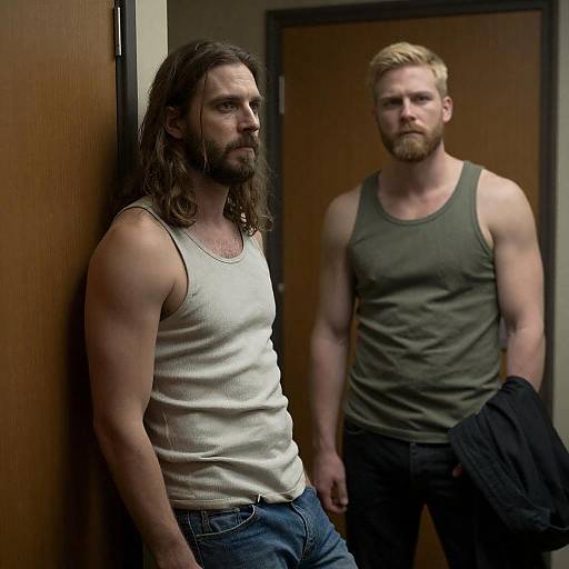 Two Men in Dim Wood-paneled Room