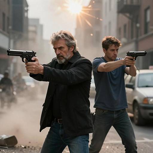 Two Men Aiming Guns on Chaotic City Street