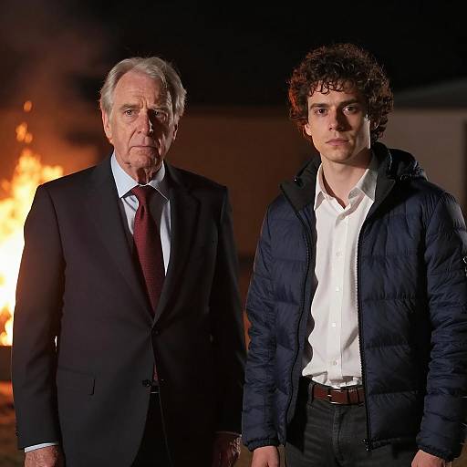 Two men standing near a fire at night