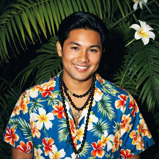 Smiling Man in Hawaiian Shirt with Flower Necklace