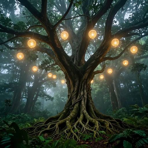 Majestic Tree with Glowing Lanterns in Misty Forest