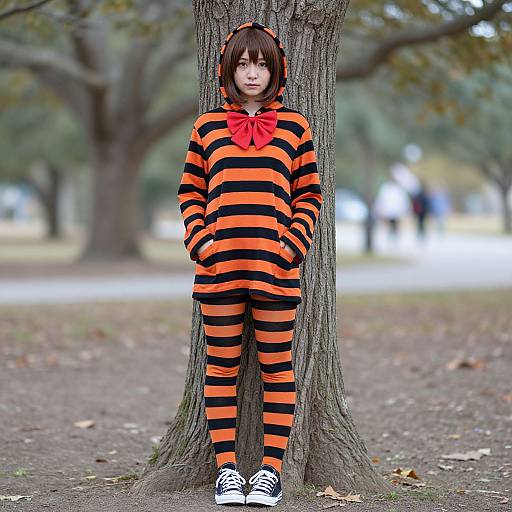 Photograph of an Asian girl with short brown hair, wearing a black and orange striped Halloween costume, red bow, and black sneakers, standing against a