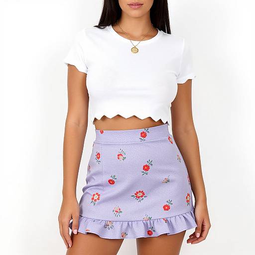 Photograph of a woman with straight black hair, wearing a white cropped top and light blue floral skirt with a ruffle hem, against a plain white