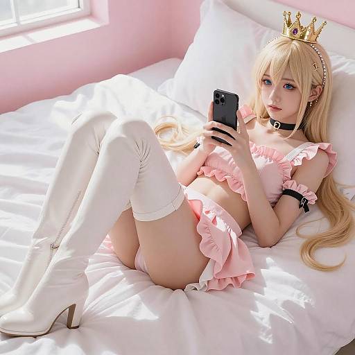 Blonde Anime Woman on Pink Bed