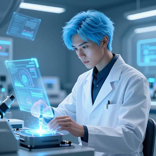Digital artwork of a young Asian man with blue hair, wearing a white lab coat, intensely working on a glowing blue holographic tablet in a futuristic lab