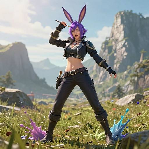 Digital artwork of a fierce, purple-haired, bunny-eared woman with black crop top, pants, and gloves, standing in a mountainous grassy