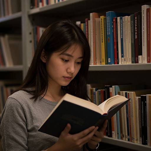 Photograph of an Asian woman with long black hair, wearing a gray sweater, reading a book in a library with colorful, neatly arranged bookshelves