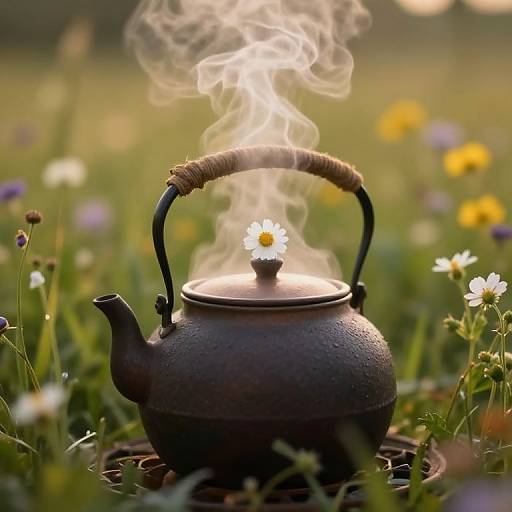 Photograph of a rustic, dark metal teapot with a steaming flower on top, set in a vibrant meadow of wildflowers.