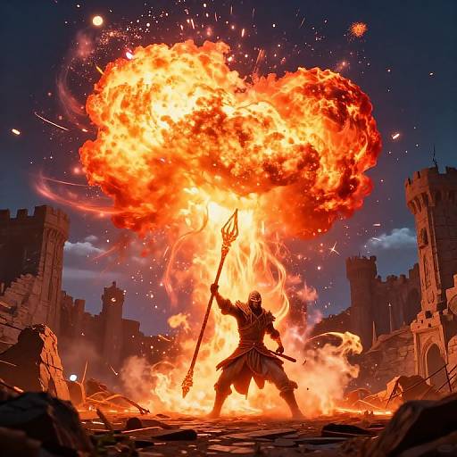 Epic digital art: Warrior in dark armor stands, holding spear, engulfed in massive red-orange explosion, medieval castle ruins in background.