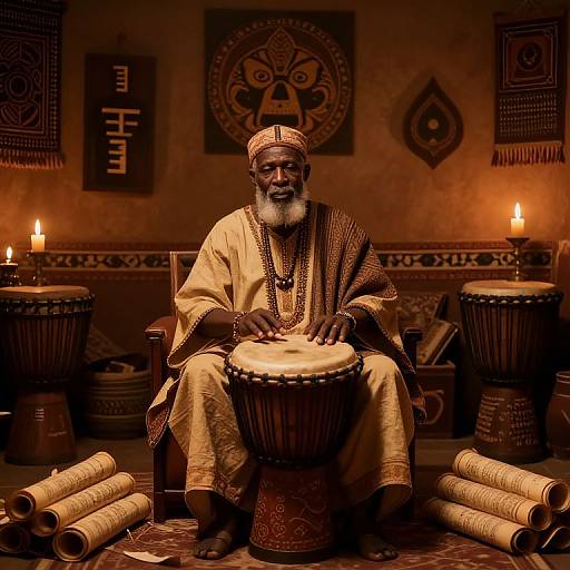 Photograph of an elderly African Indian man with a white beard, wearing traditional attire, seated on a drum in a dimly lit room with candles,