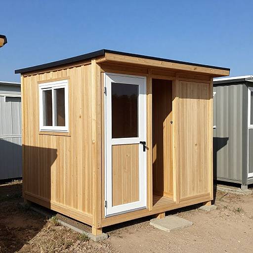 Photograph of a small wooden shed with natural wood texture, white-framed windows and door, under clear blue sky, on gravel.
