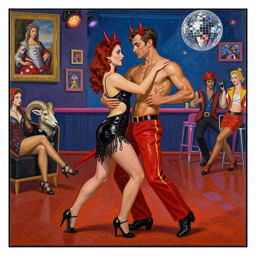 Digital painting of a dancing couple in devil costumes, surrounded by a lively nightclub with dancers, a disco ball, and framed portraits. Vibrant colors,