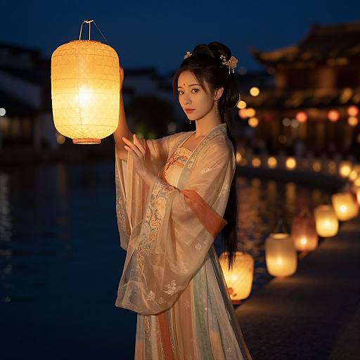 Photograph of an East Asian woman in a traditional kimono, holding a glowing paper lantern at night, surrounded by warm, illuminated lanterns.