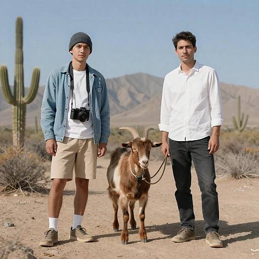 Two Men with Goat in Desert Landscape
