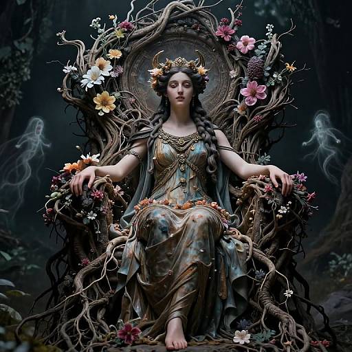 Digital fantasy art of a dark-haired, fair-skinned woman with a floral crown, seated on a tree-like throne adorned with flowers, surrounded by a
