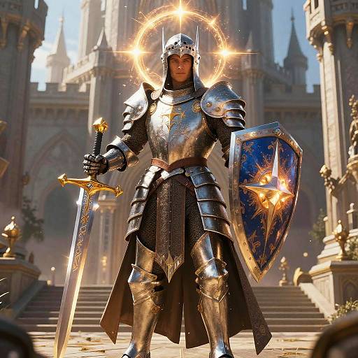 CGI image of a shining, armored knight with a glowing halo, holding a sword and blue shield, standing in a sunlit, grand castle courtyard
