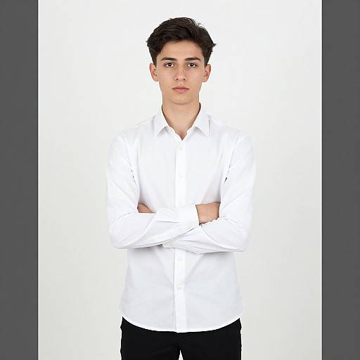 Photograph of a young man with short black hair, wearing a white button-up shirt and black pants, standing against a white background with arms crossed.