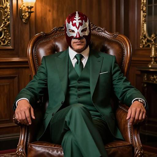 Photograph of a man in a dark green suit and white shirt, wearing a red and white masked mask, seated on a brown leather chair in a