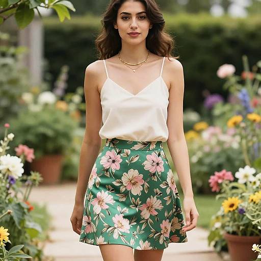 Photograph of a woman with wavy brown hair, wearing a white tank top and green floral skirt, standing in a colorful garden.