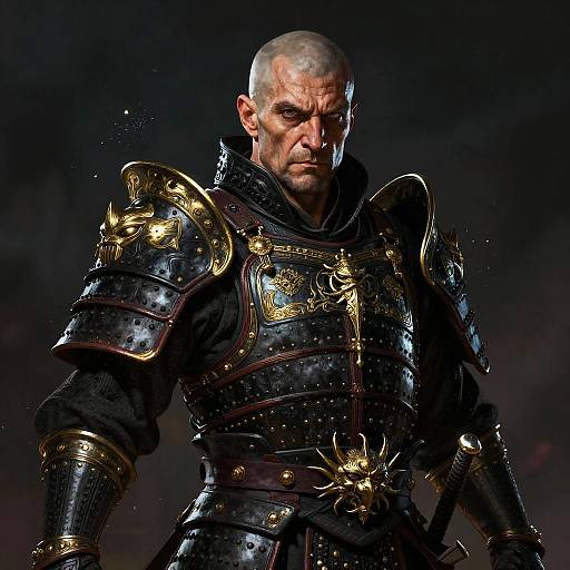 Intense Warrior in Black and Gold Heavy Armor