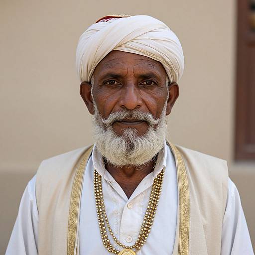 Photograph of an elderly Indian man with dark brown skin, white beard, wearing a white turban, white shirt, gold necklace, and cream vest