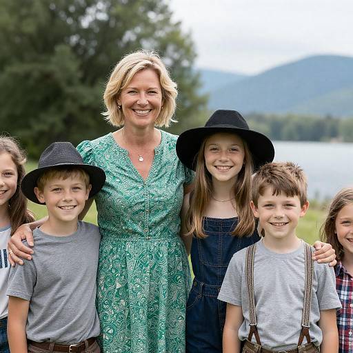 Smiling Family Outdoors by Lake