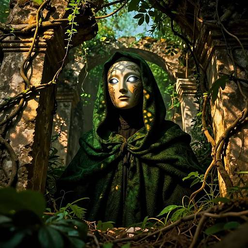 Enigmatic Silver-Eyed Figure in Ruins