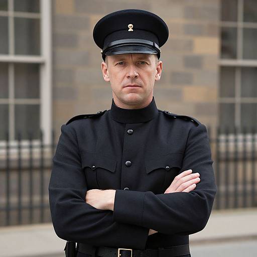 Photograph of a serious white male police officer with light skin, short brown hair, and blue eyes, standing with arms crossed, wearing a black uniform