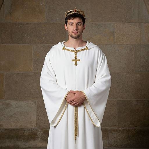 Photograph of a young man with short dark hair, light skin, and a trimmed beard, wearing a white clerical robe with gold trim, and