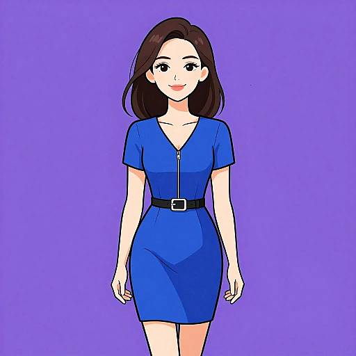 Digital anime-style drawing of a smiling woman with long brown hair, wearing a blue short-sleeve dress with a zipper and belt, against a solid
