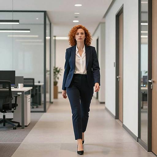 Photograph of a confident, red-haired woman in a navy blazer, white blouse, and black pants walking down a modern, well-lit office