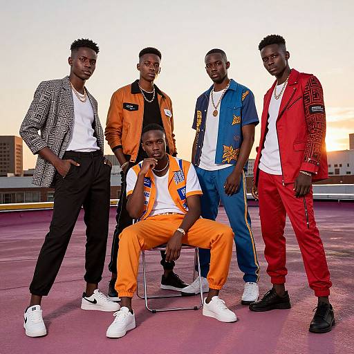Photograph of five Black men in vibrant outfits on a rooftop at sunset, wearing orange, blue, red, and black jackets with sneakers. Urban city