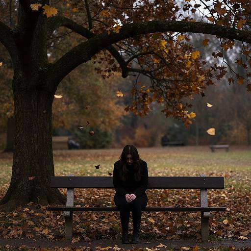 Photograph of a solitary woman with long dark hair, wearing a black coat, sitting on a park bench under a large tree with autumn leaves falling,