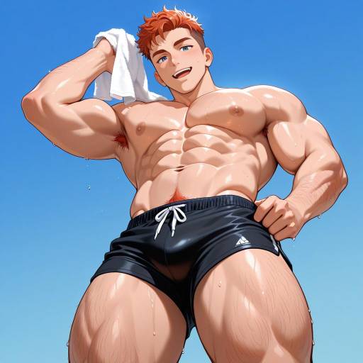 Muscular Ginger Swimmer Against Blue Background Muscular Ginger Swimmer Against Blue Background