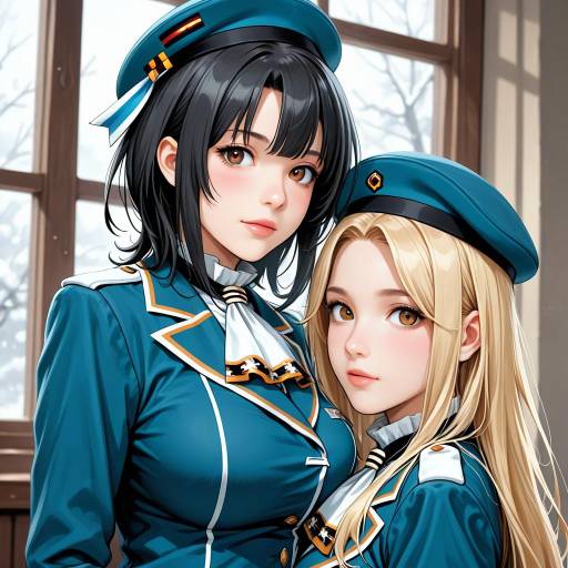 Two Anime Girls in Blue Uniforms and Berets
