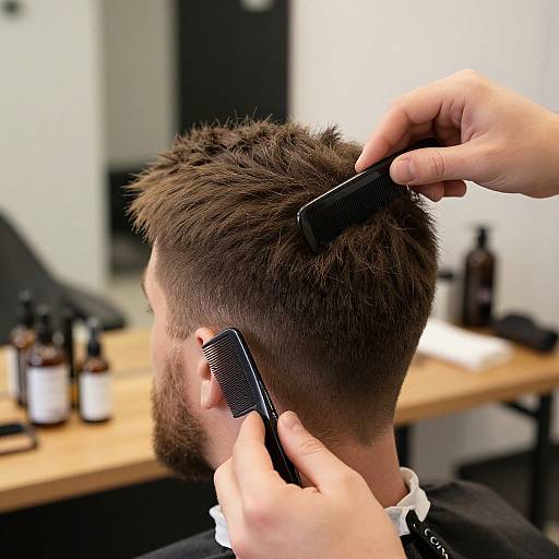 Photograph of a bearded man with short brown hair getting a haircut in a modern barbershop, with hands holding comb and clippers.
