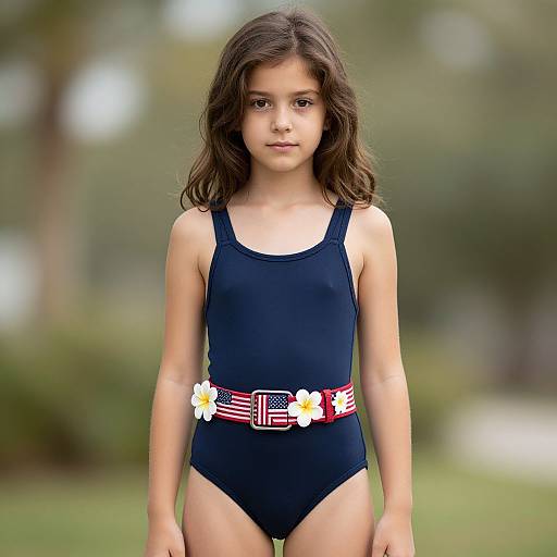 Photograph of a young girl with wavy brown hair, wearing a navy blue one-piece swimsuit and a red belt with white flowers and the American