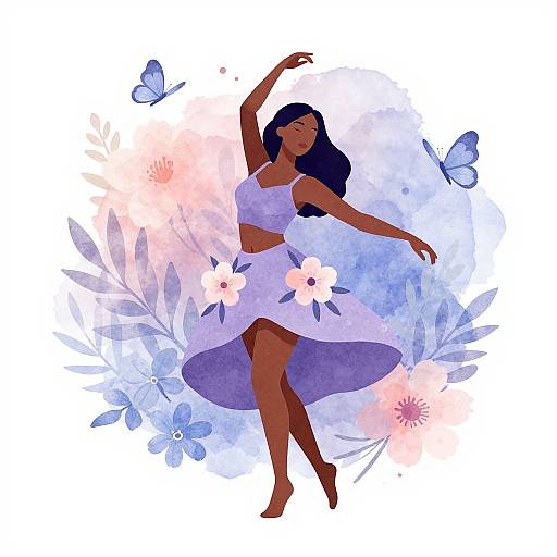 Digital illustration of a dark-skinned woman with long purple hair, wearing a white floral dress, dancing with blue butterflies and pastel flowers.