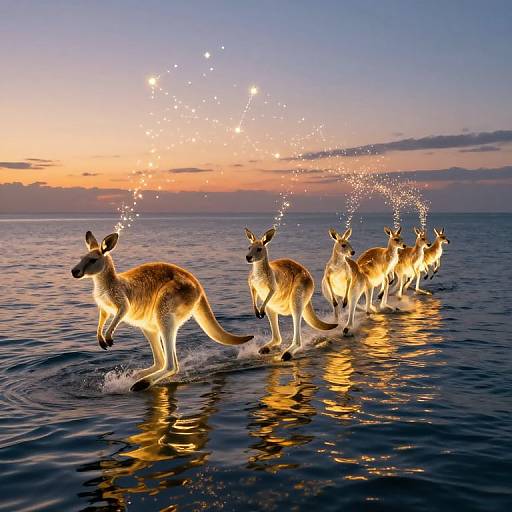 Photograph of six glowing kangaroos splashing through calm ocean water at sunset, with sparkling trails trailing behind them.