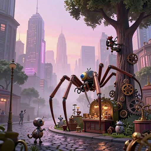 CGI fantasy cityscape at dawn, featuring a giant steampunk spider with gears, standing beside a glowing shop, surrounded by whimsical robots and