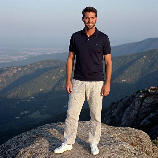 Photograph of a bearded man with short brown hair, wearing a black polo and white pants, standing on a mountain rock, with a mountainous