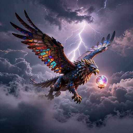 Digital artwork of a majestic, multi-colored winged eagle with glowing eyes and a radiant orb, soaring through a stormy sky with lightning.