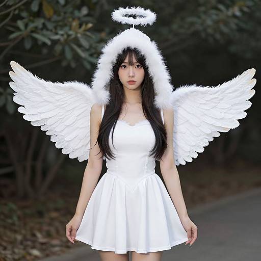 Photograph of an Asian woman with long black hair, wearing a white angel costume with fluffy halo, wings, and dress, standing in a dark forest