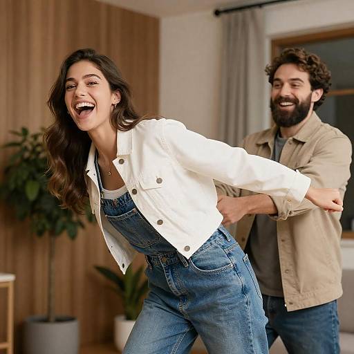Joyful Couple Playfully Pulling Indoors