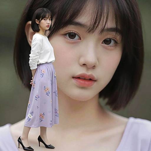 Photograph of an East Asian woman with short black hair, wearing a white top and floral skirt, standing in black heels, superimposed on a