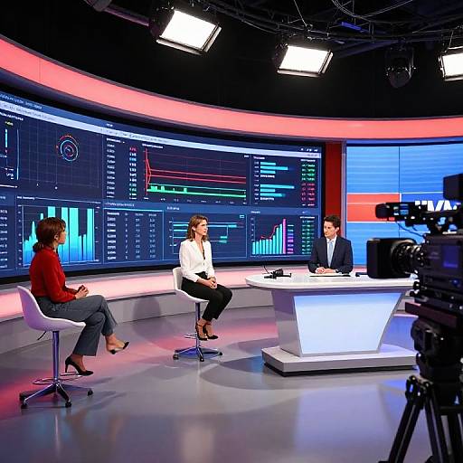 Photograph of a financial news studio with two women and a man seated at a curved desk, surrounded by colorful financial graphs on illuminated screens, and a
