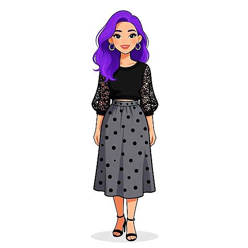 Digital illustration of a woman with purple hair, black lace top, gray polka-dot skirt, black belt, and black sandals. White background.