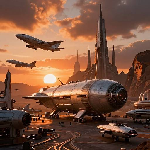 Photorealistic CGI of a futuristic airfield at sunset with sleek, metallic spacecraft, two flying jets, and a towering spire city in the background